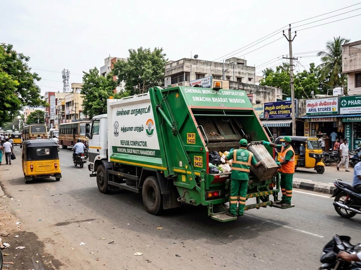 Refuse compactors on Indian city roads