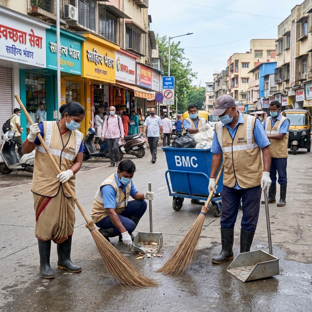 Sanitation team sweeping an urban street